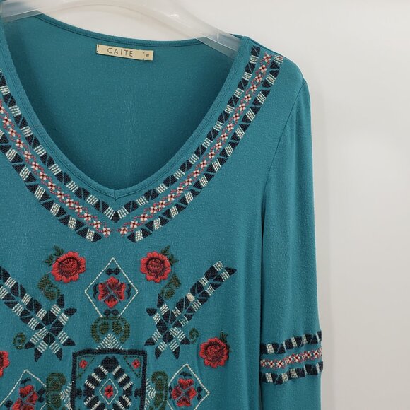 Caite Embroidered Tunic Top Women's S Teal Green V-Neck Curved Hemline Boho Long - Picture 5 of 8